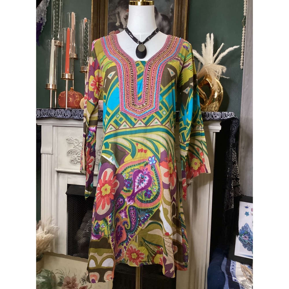 Z&L Europe Womens Small Cotton Boho Beaded Floral Geometric Tunic Dress Spain